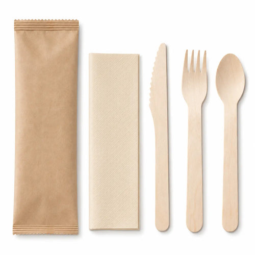 Eco-Friendly Disposable Individually Wrapped Wooden Cutlery Set with Beige Napkin โ Knife (16.5 cm), Fork & Spoon (16 cm) & Napkin (33x33 cm) in Kraft Paper Pouch