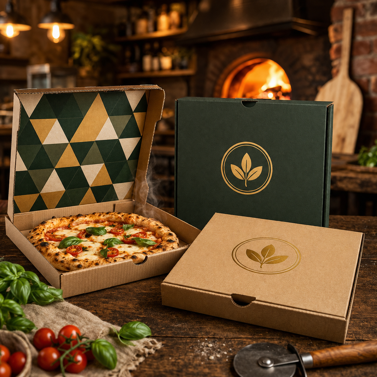 Bedrukte pizzadozen met logo voor pizzeria's en afhaal