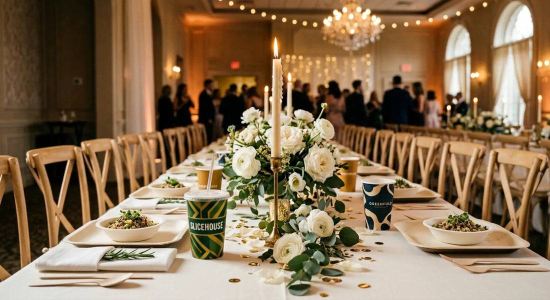 Eco friendly disposable tableware on elegant wedding hall dinner table