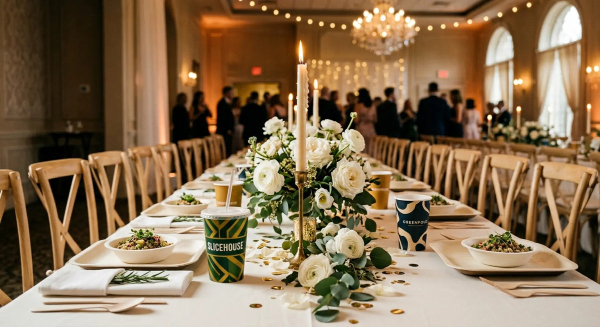 Eco friendly disposable tableware on elegant wedding hall dinner table