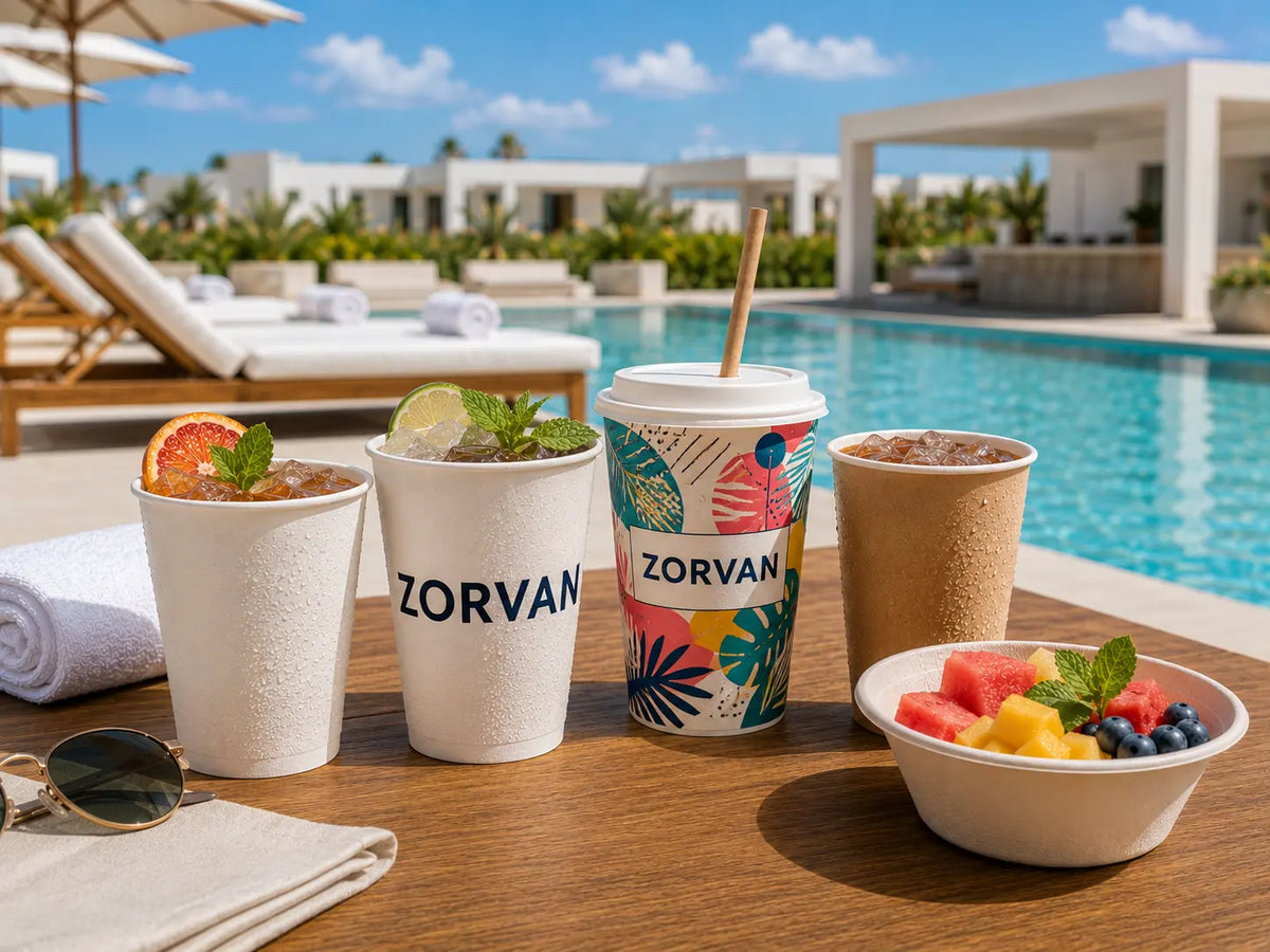 Sustainable eco friendly tableware and printed cups at a beach club resort