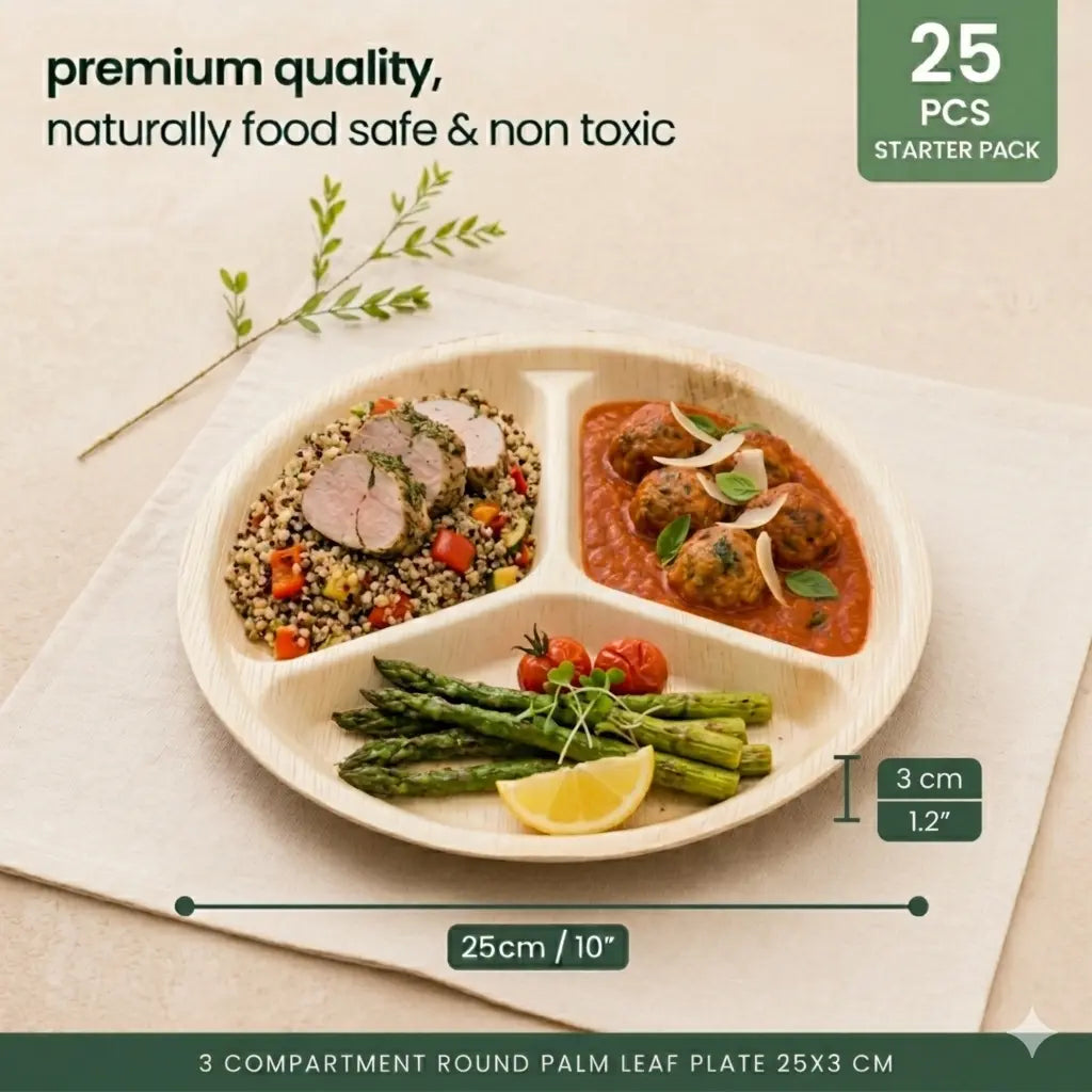 Organic Palm Leaf 3-Compartment Meal Plate - 25 x 3 cm