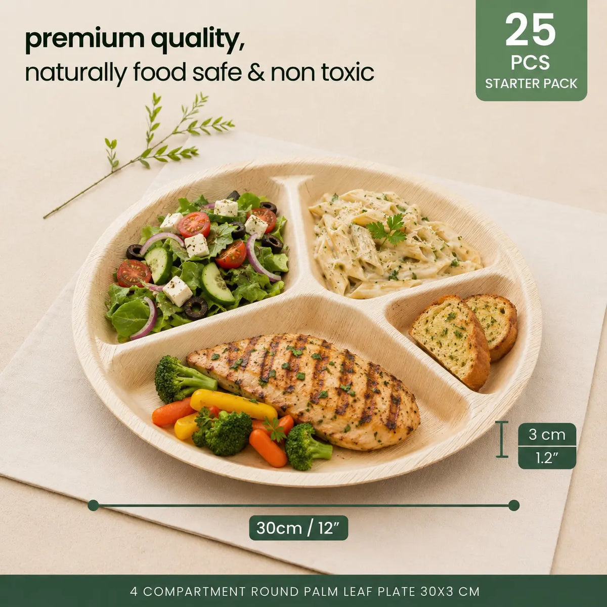 Organic Palm Leaf 4-Compartment Meal Plate - 30 x 3 cm