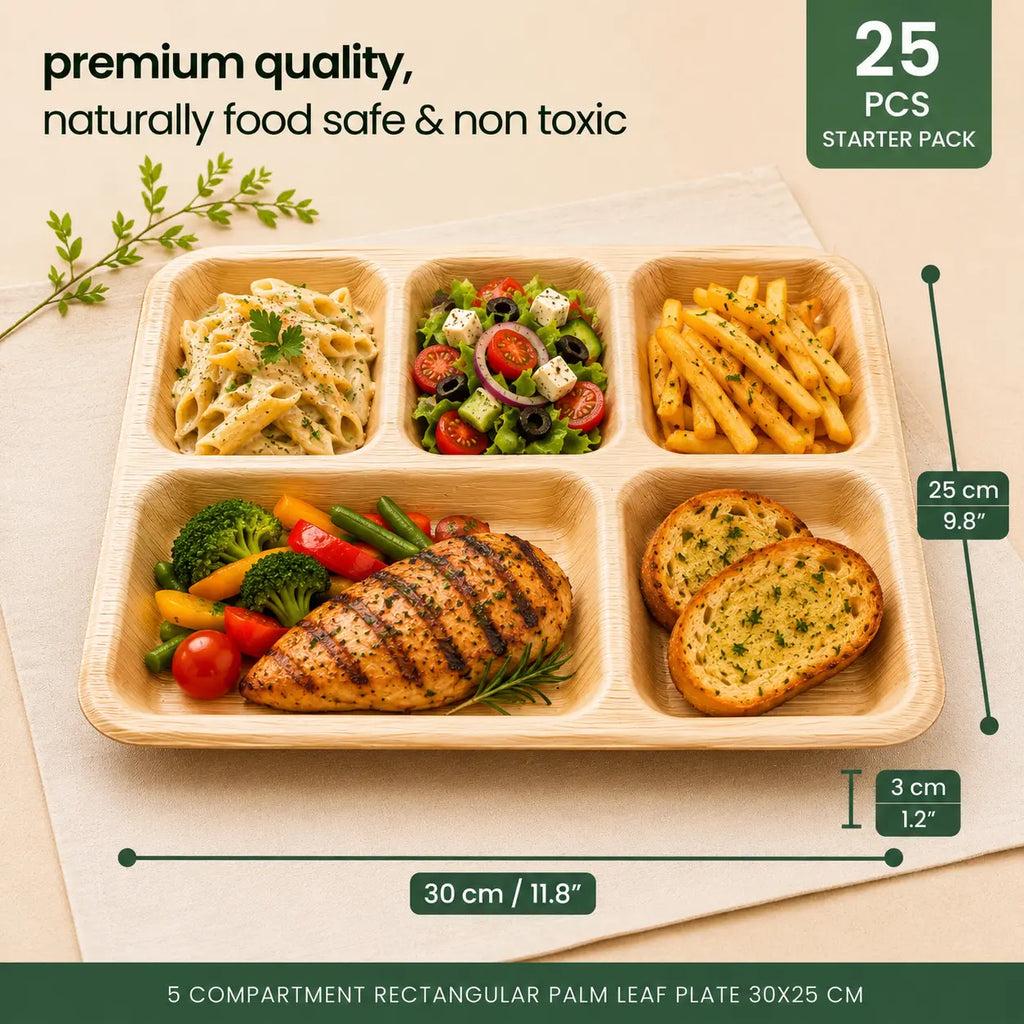 Organic Palm Leaf 5-Compartment Meal Plate – 30 x 25 cm