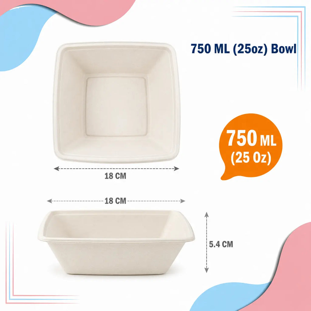 Eco Friendly 750 ml (25 oz) Square Bagasse Bowl –  18 × 18 x 5.4 cm
