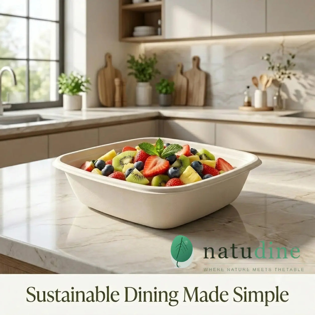 Eco Friendly 750 ml (25 oz) Square Bagasse Bowl –  18 × 18 x 5.4 cm