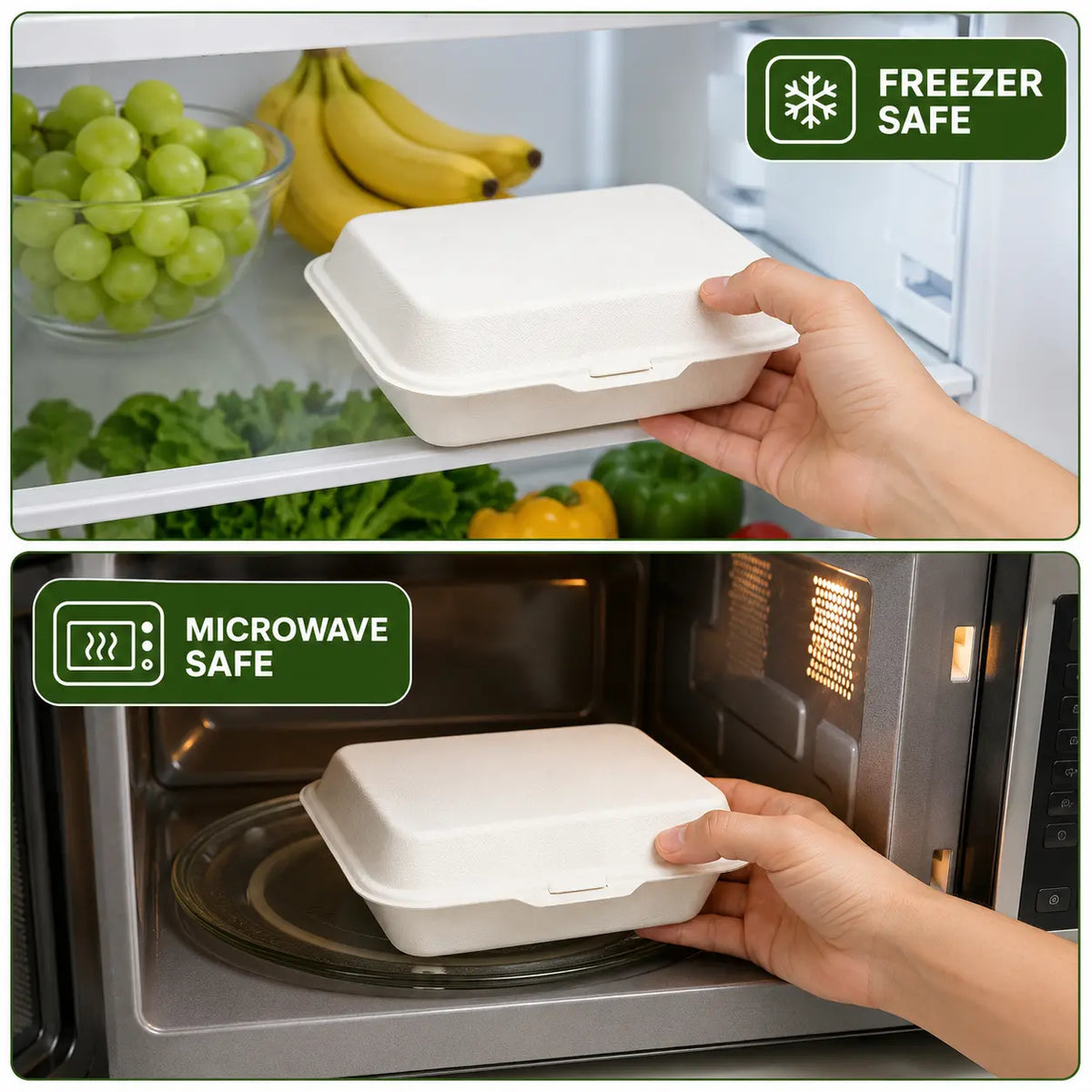 Milieuvriendelijke Rechthoekige Bagasse Clamshell Bak met 1 Vak – 23 × 15,3 × 8 cm