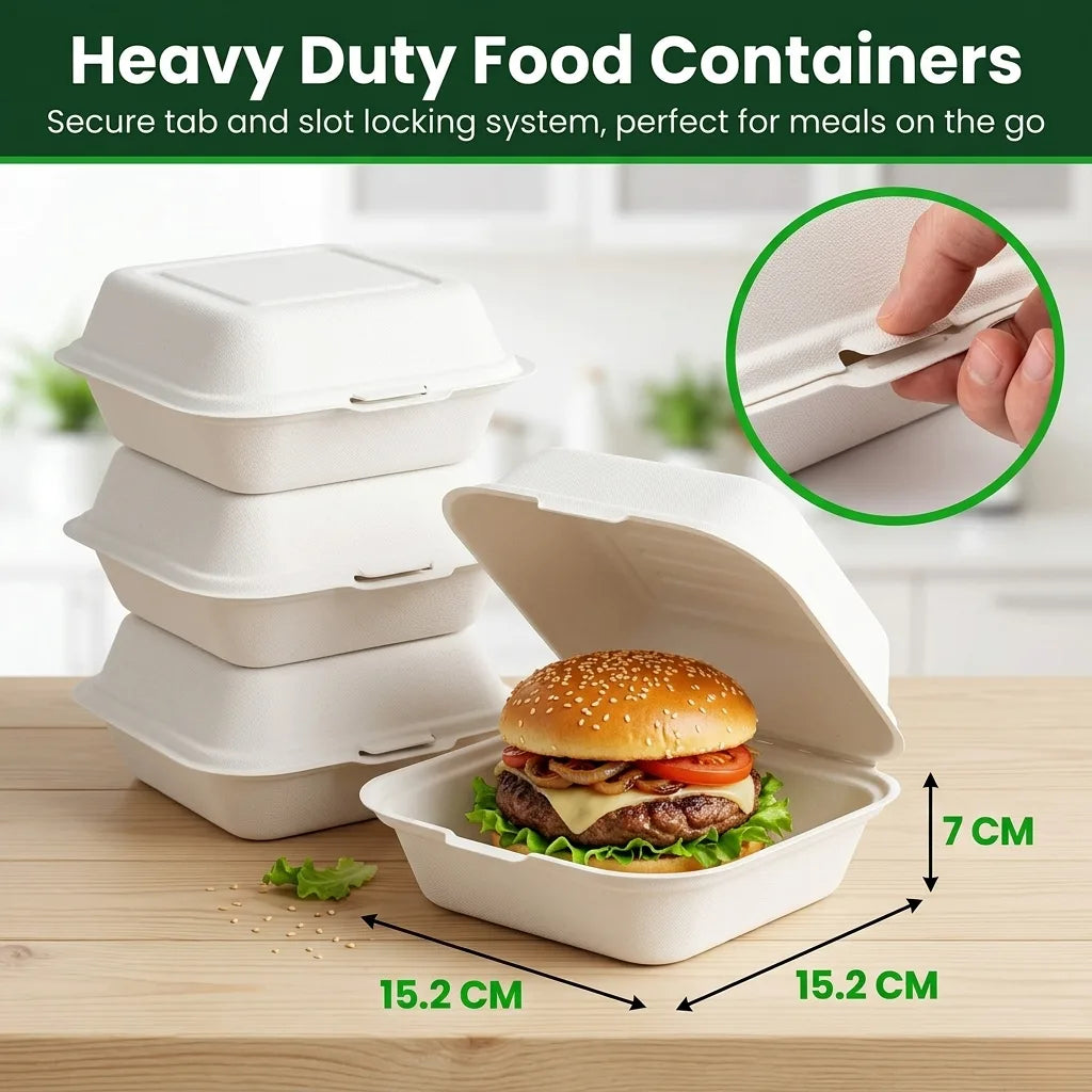 Eco Friendly 1-Compartment Square Bagasse Clamshell Container – 15 × 15 × 7 cm