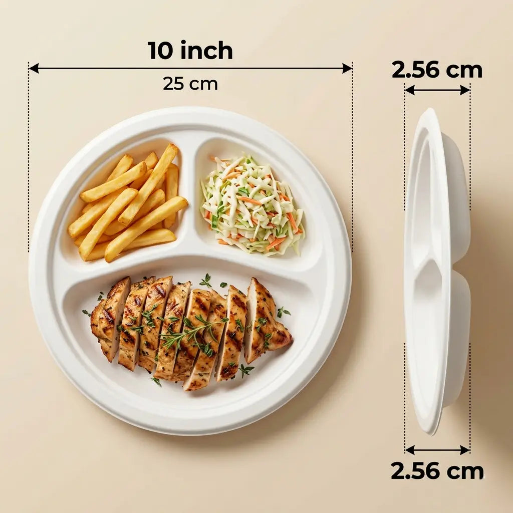 Eco Friendly 3-Compartment Round Bagasse Plate – 25 cm