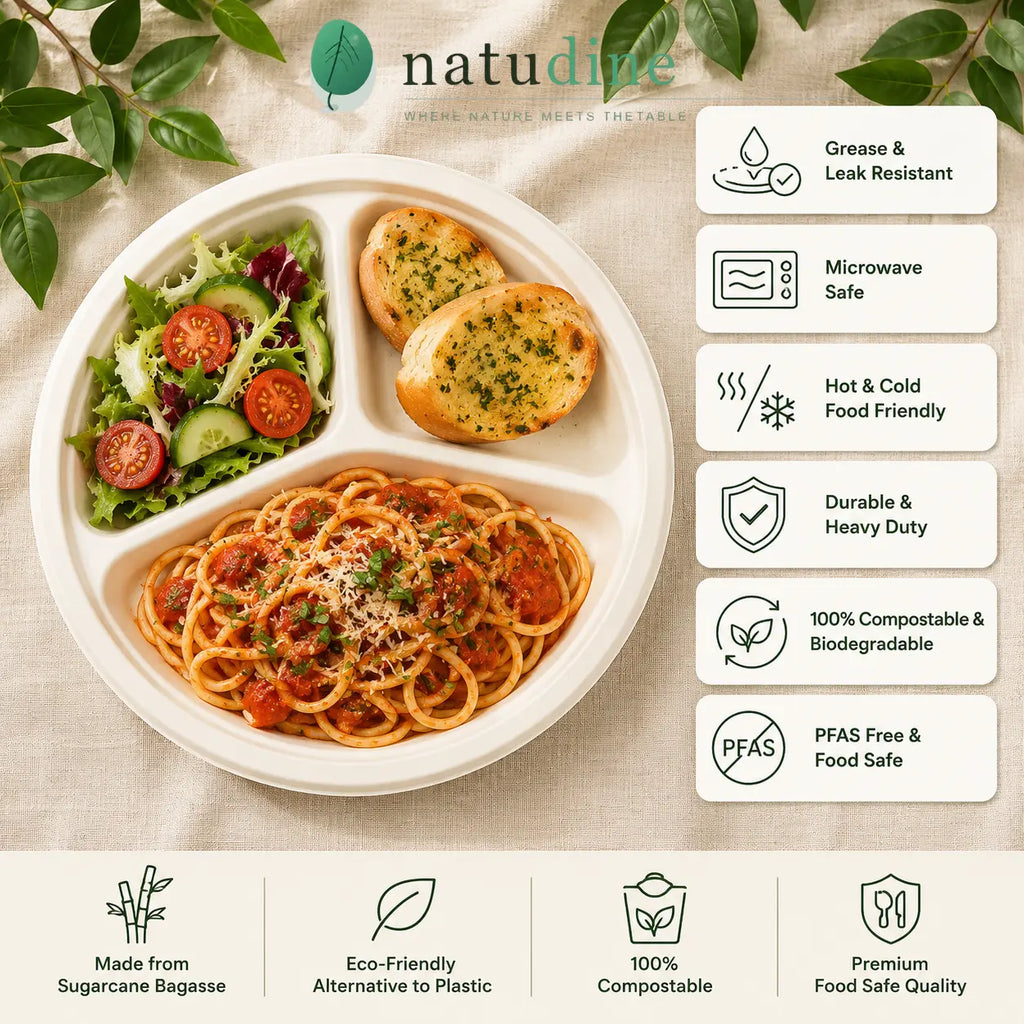 Eco Friendly 3-Compartment Round Bagasse Plate – 25 cm