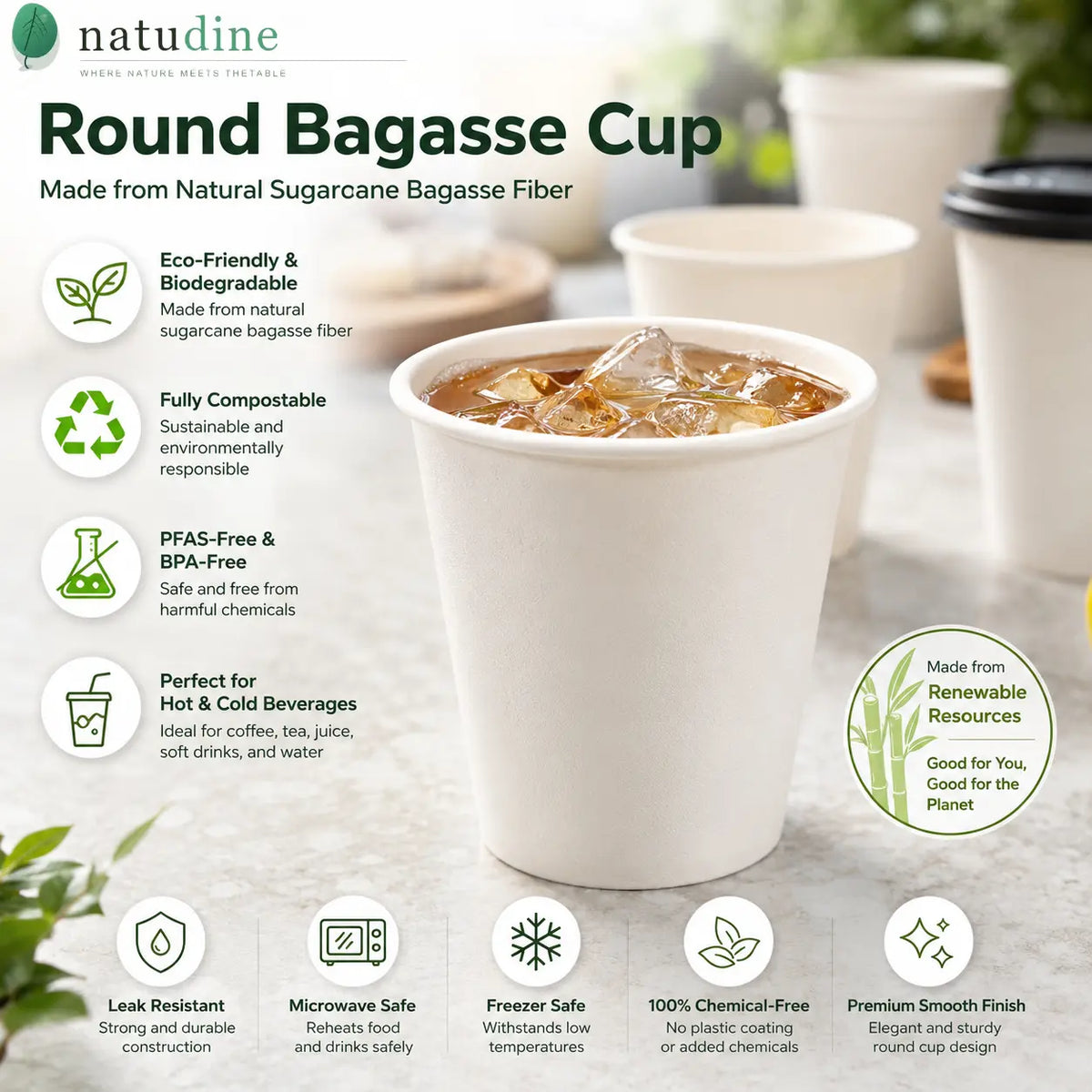 Eco Friendly 12 oz Round Bagasse Cup- 350 ml