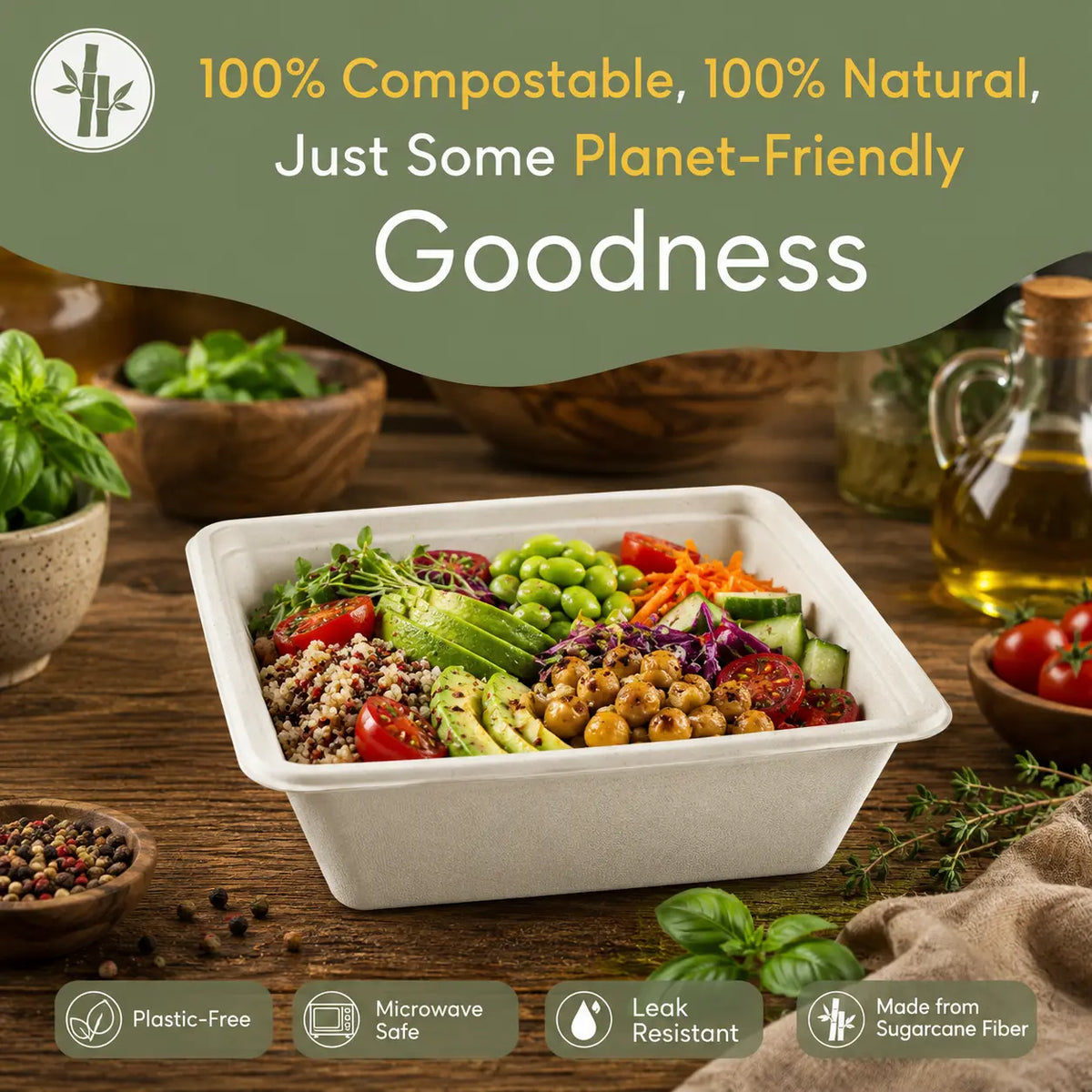 Eco Friendly 750 ml (25 oz) Square Bagasse Bowl –  18 × 18 x 5.4 cm
