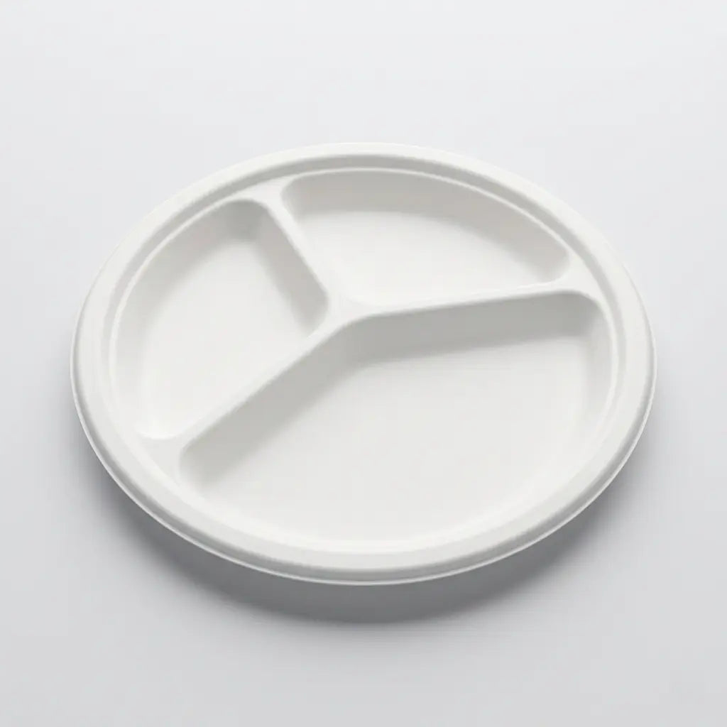 Eco Friendly 3-Compartment Round Bagasse Plate – 25 cm