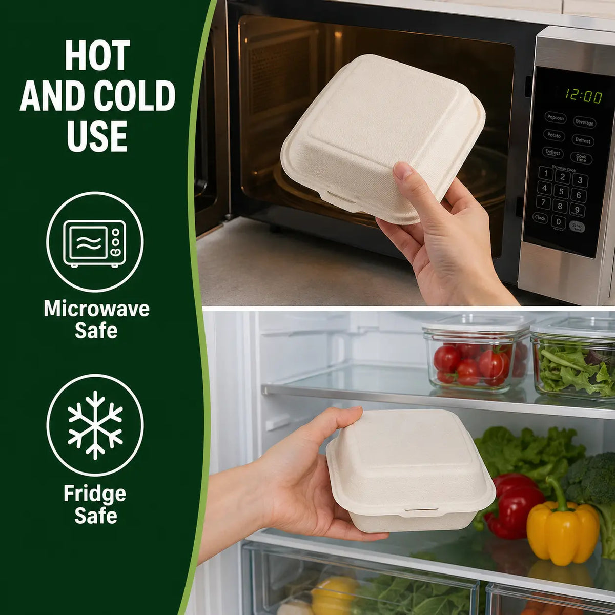 Eco Friendly 1-Compartment Square Bagasse Clamshell Container – 15 × 15 × 7 cm