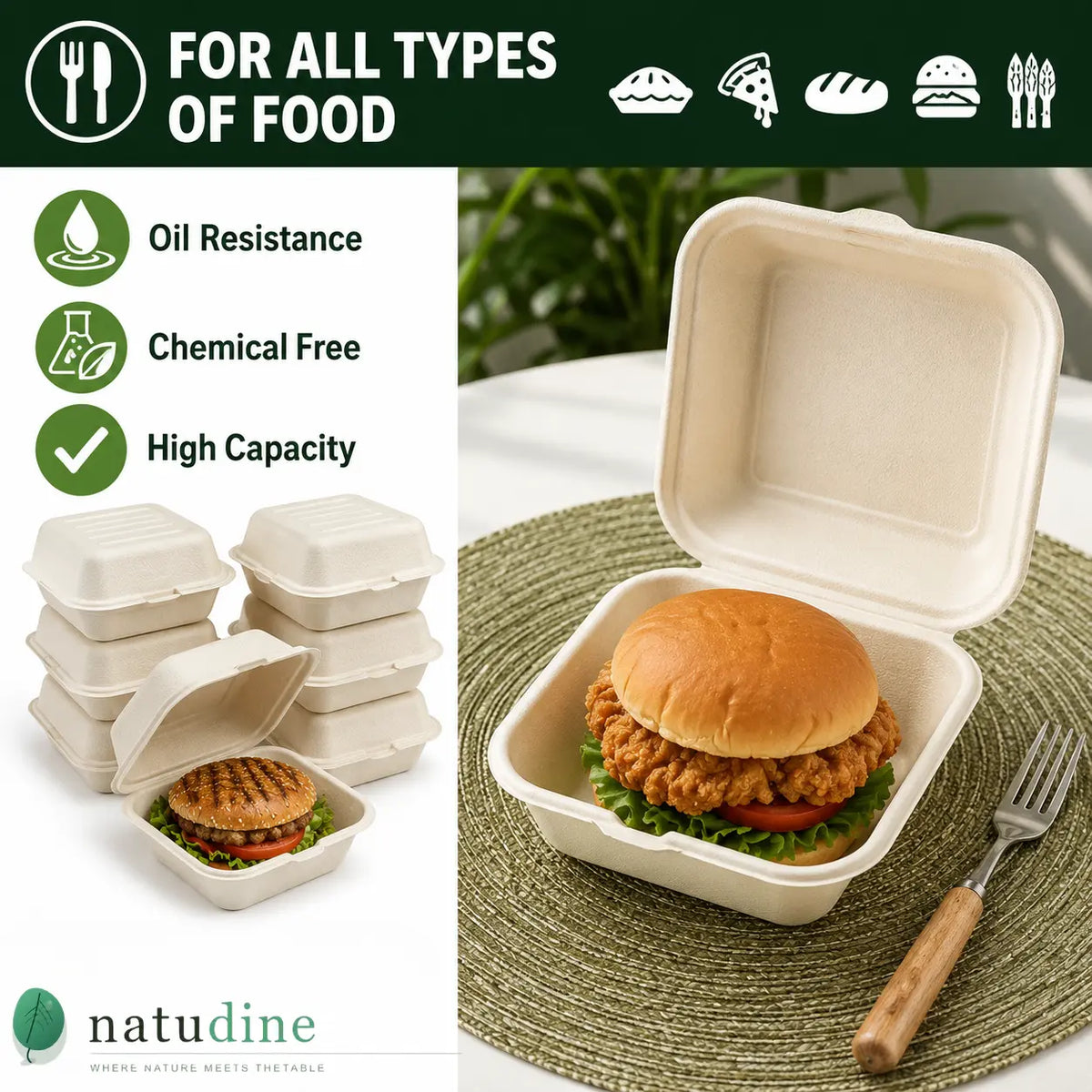 Eco Friendly 1-Compartment Square Bagasse Clamshell Container – 15 × 15 × 7 cm