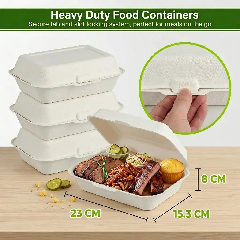 Milieuvriendelijke Rechthoekige Bagasse Clamshell Bak met 1 Vak – 23 × 15,3 × 8 cm