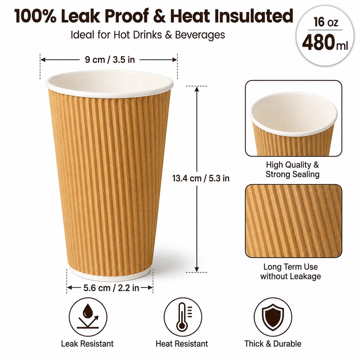 Eco Friendly 16 oz Disposable Brown Ripple Wall Kraft Hot and Cold Drink Paper Cup – 480 ml