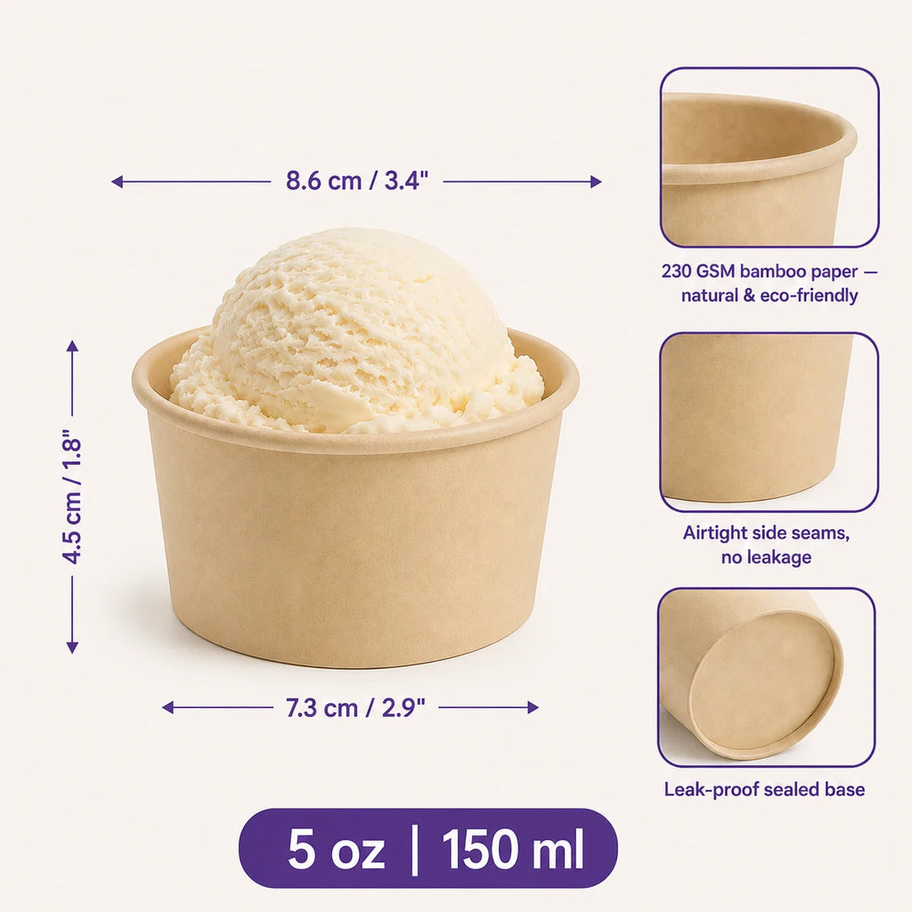 Eco-Friendly 5 oz Disposable Bamboo Paper Ice Cream Cup – 150 ml | 8.6 x 7.3 x 4.5 cm