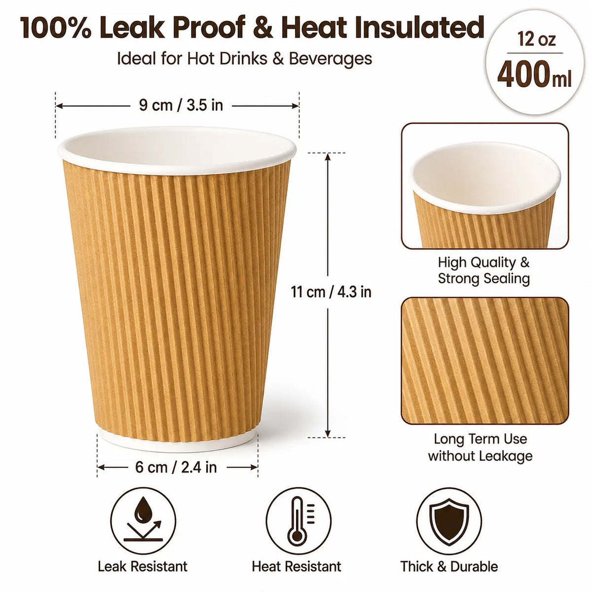 Eco Friendly 12 oz Disposable Brown Ripple Wall Kraft Hot and Cold Drink Paper Cup – 400 ml