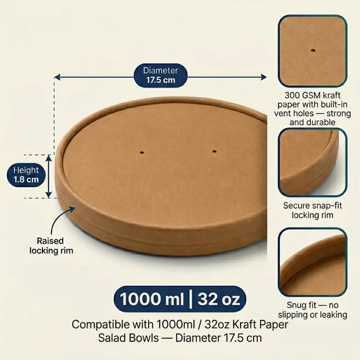Eco-Friendly Disposable Brown Kraft Paper Lid for Salad Bowl - 17.5cm Diameter | Fits 1000 ml / 32oz