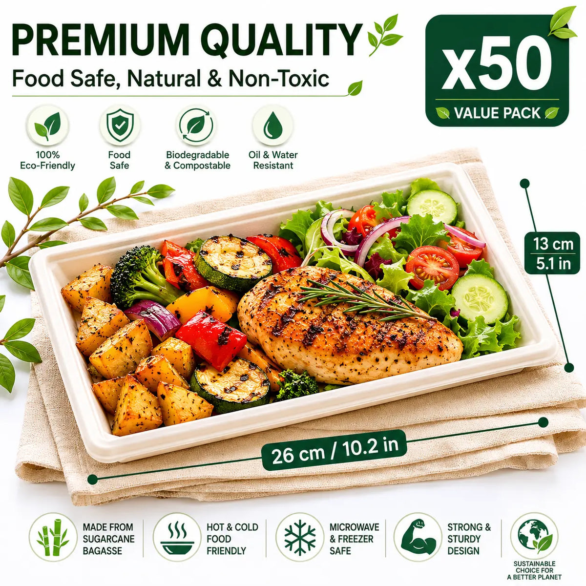Eco-Friendly Bagasse Rectangular Food Tray – 26 × 13 × 2 cm