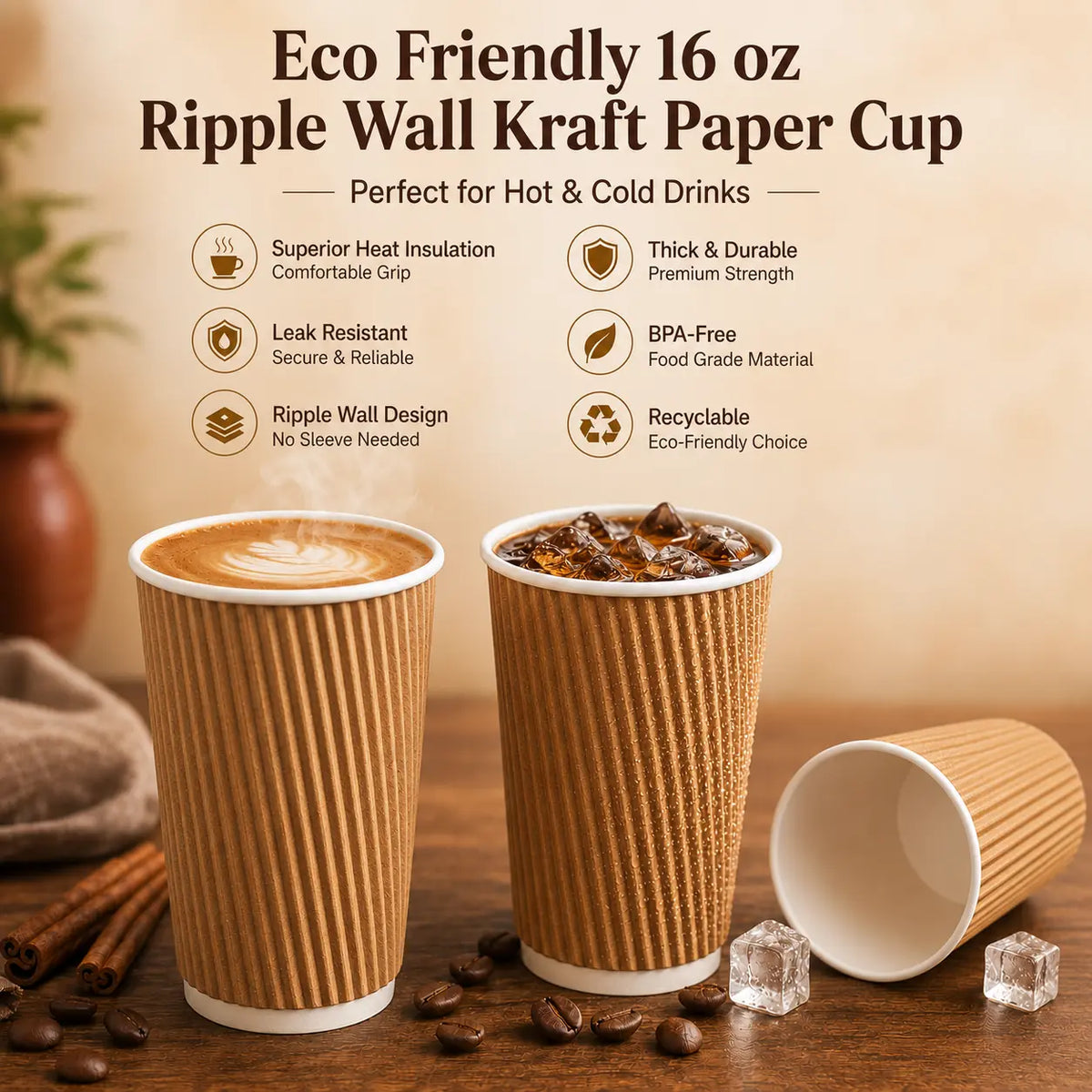 Eco Friendly 16 oz Disposable Brown Ripple Wall Kraft Hot and Cold Drink Paper Cup – 480 ml