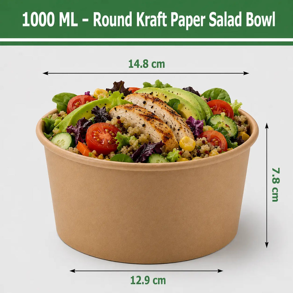 Eco-Friendly 32 oz Disposable Kraft Paper Salad Bowl – 1000 ml | 14.8 x 12.9 x 7.8 cm