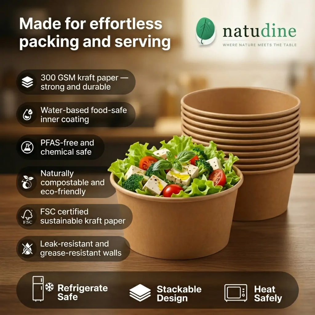 Eco-Friendly 32 oz Disposable Kraft Paper Salad Bowl – 1000 ml | 14.8 x 12.9 x 7.8 cm