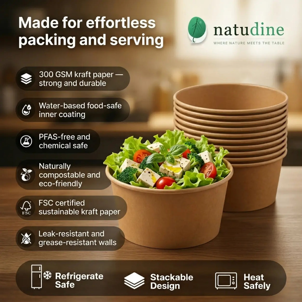 Eco-Friendly 32 oz Disposable Kraft Paper Salad Bowl – 1000 ml | 14.8 x 12.9 x 7.8 cm