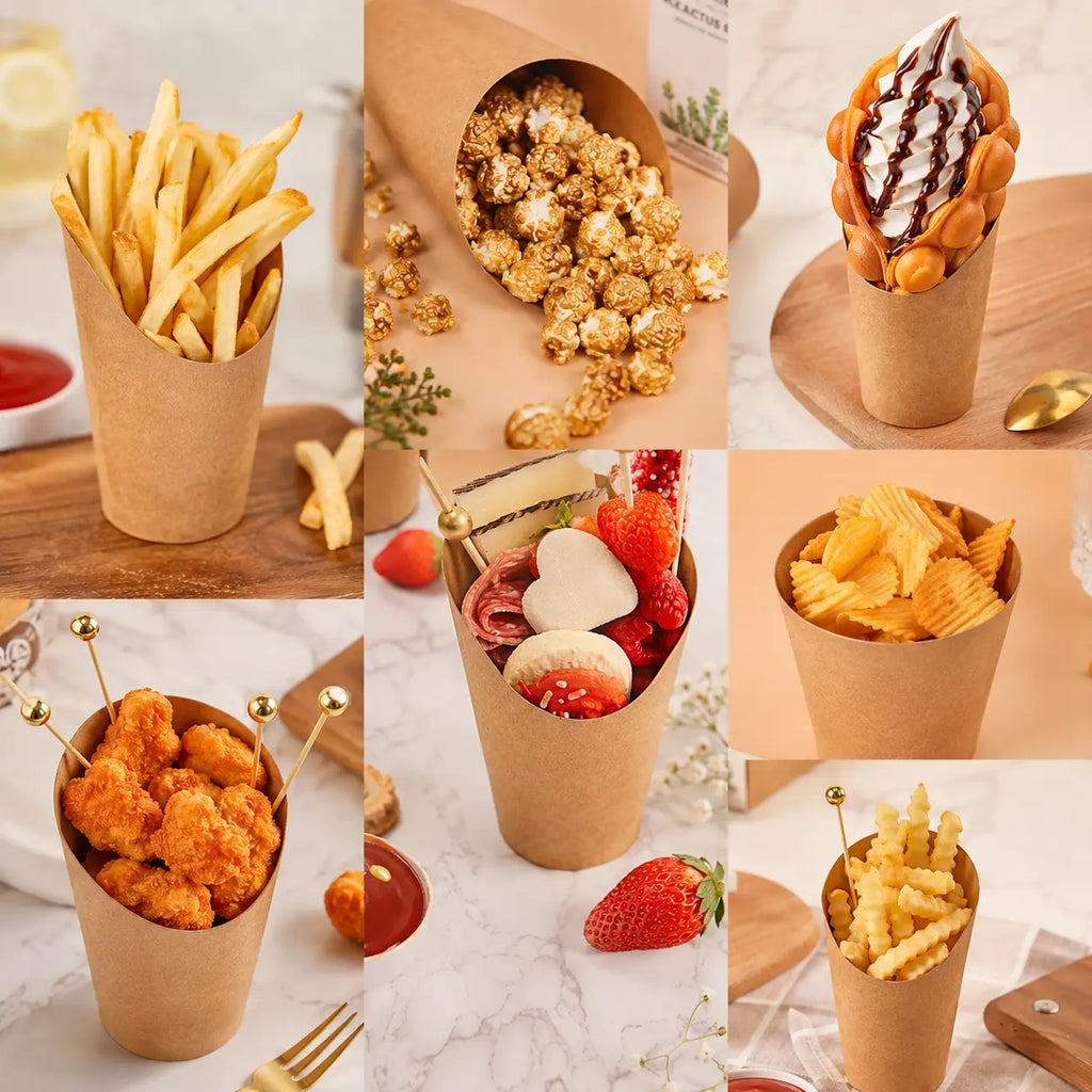 Eco-Friendly 16oz Disposable Brown Kraft Paper French Fries Scoop Cup – 473ml | 14.5 x 8.0 x 6.0 c