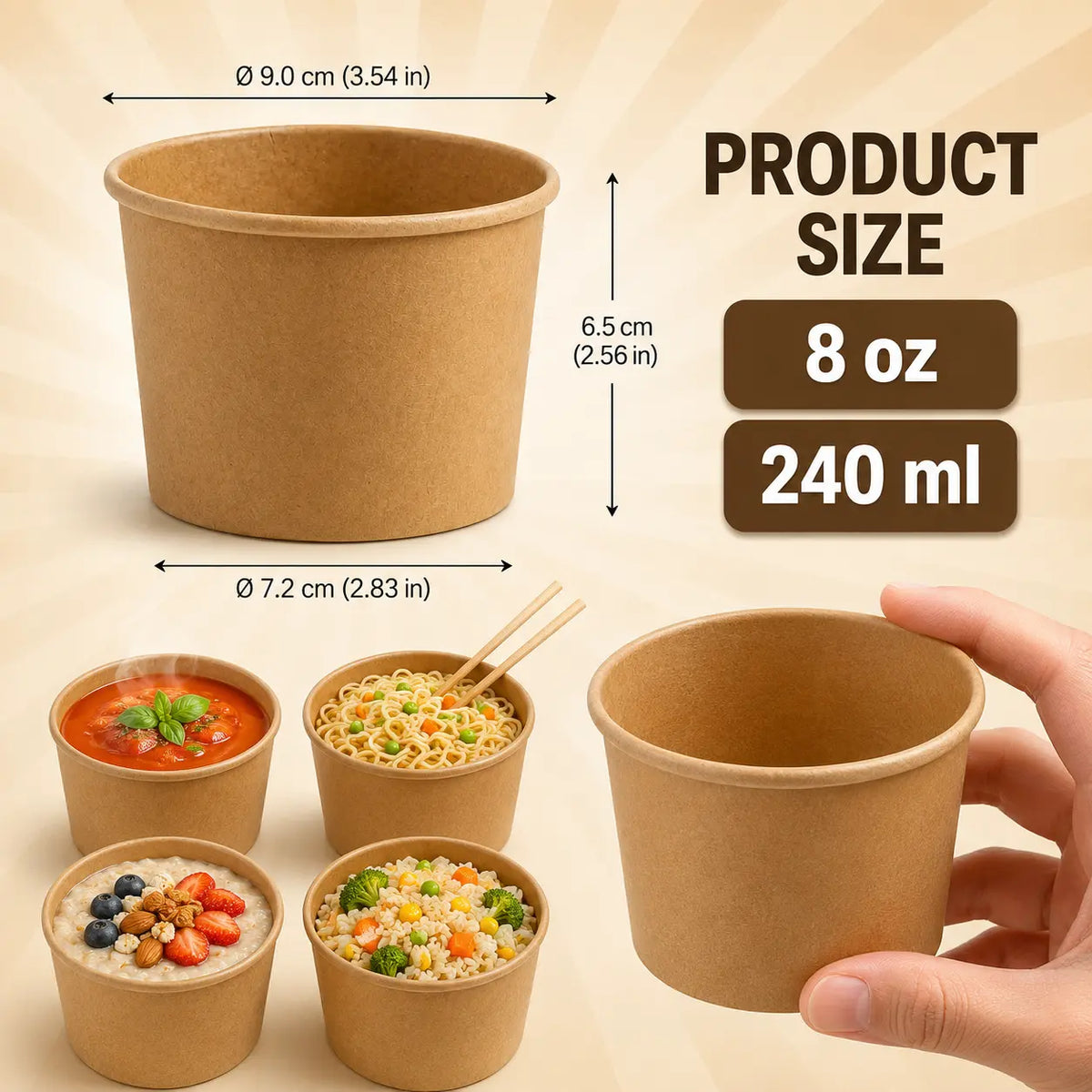 Eco-Friendly 8oz Disposable Brown Kraft Paper Soup Cup – 240ml | 9.0 x 7.2 x 6.5 cm