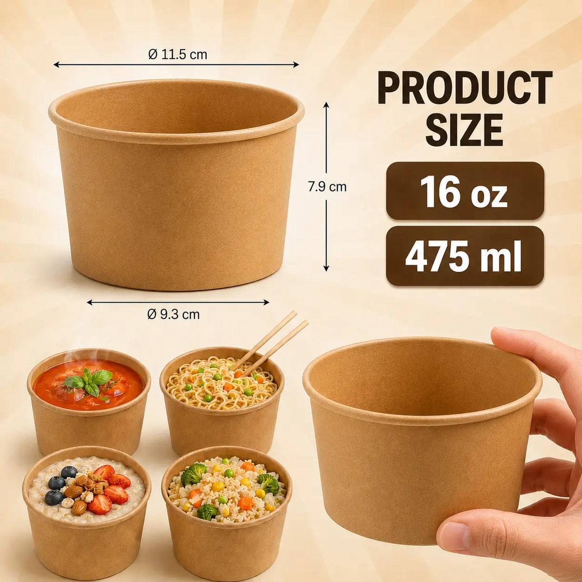 Eco-Friendly 16oz Disposable Brown Kraft Paper Soup Cup – 475ml | 11.5 x 9.3 x 7.9 cm