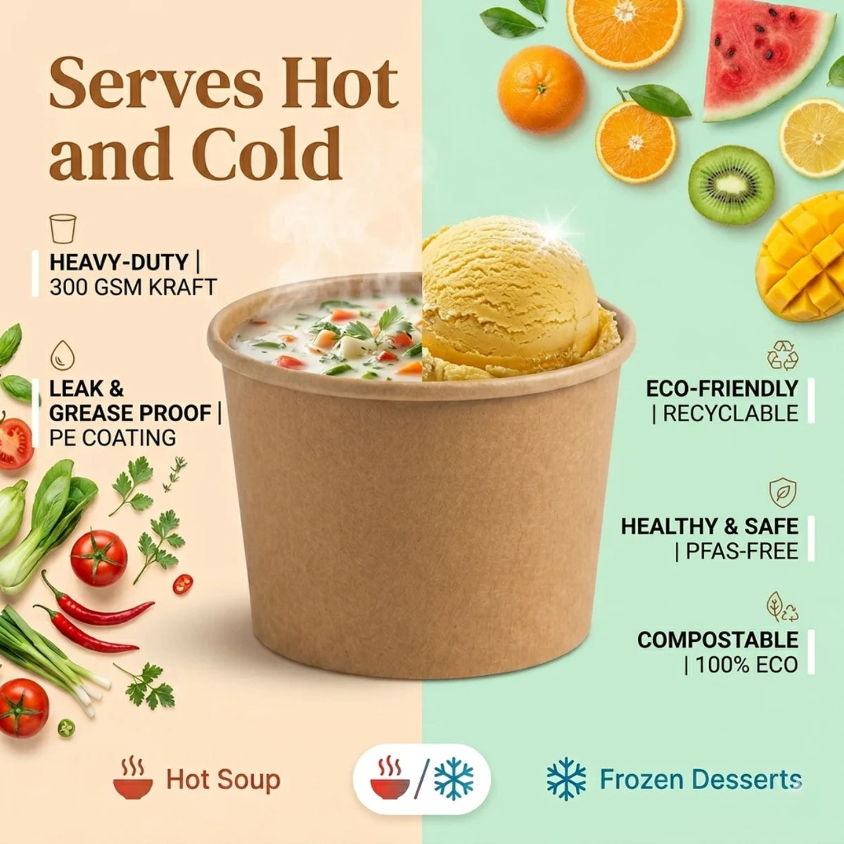 Eco-Friendly 16oz Disposable Brown Kraft Paper Soup Cup – 475ml | 11.5 x 9.3 x 7.9 cm