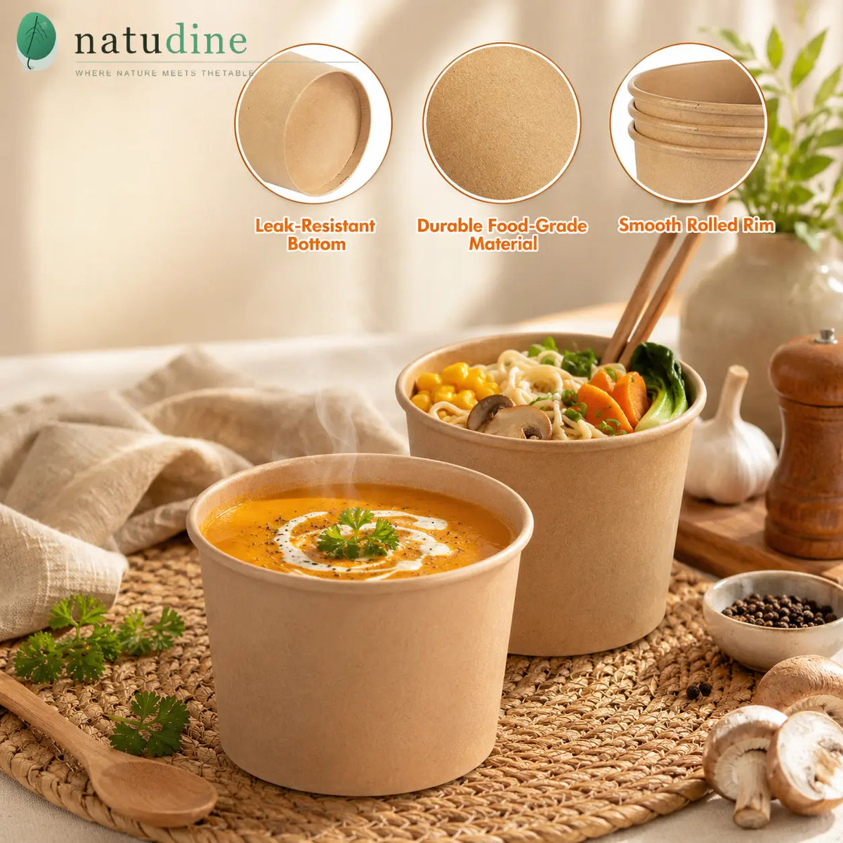 Eco-Friendly 16oz Disposable Brown Kraft Paper Soup Cup – 475ml | 11.5 x 9.3 x 7.9 cm