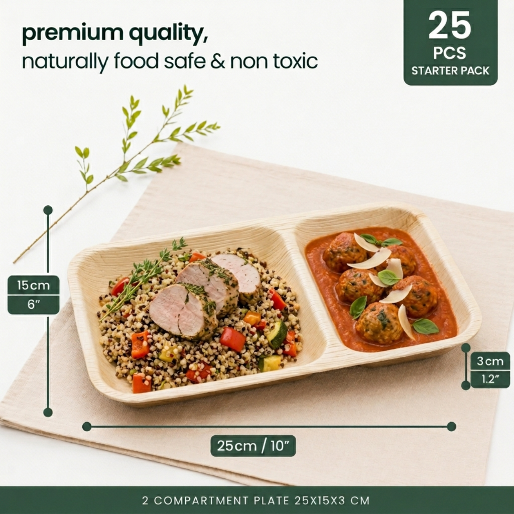 Organic Palm Leaf 2-Compartment Meal Plate- 25 x 15 cm